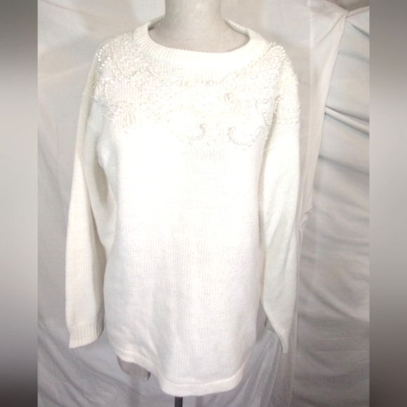 Vintage beaded sweater, Vintage, Crew Neck White,  Knit, Women, Pearls, XL - Picture 1 of 16
